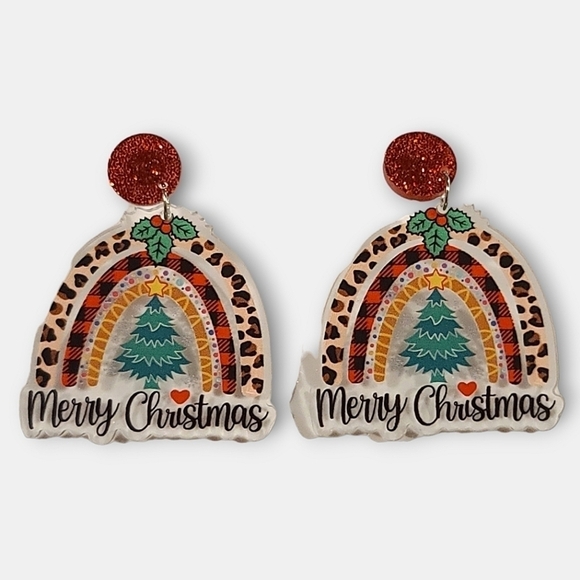 Leopard Print Plaid Merry Christmas Rainbow Dangle Fashion Earrings - Picture 3 of 10
